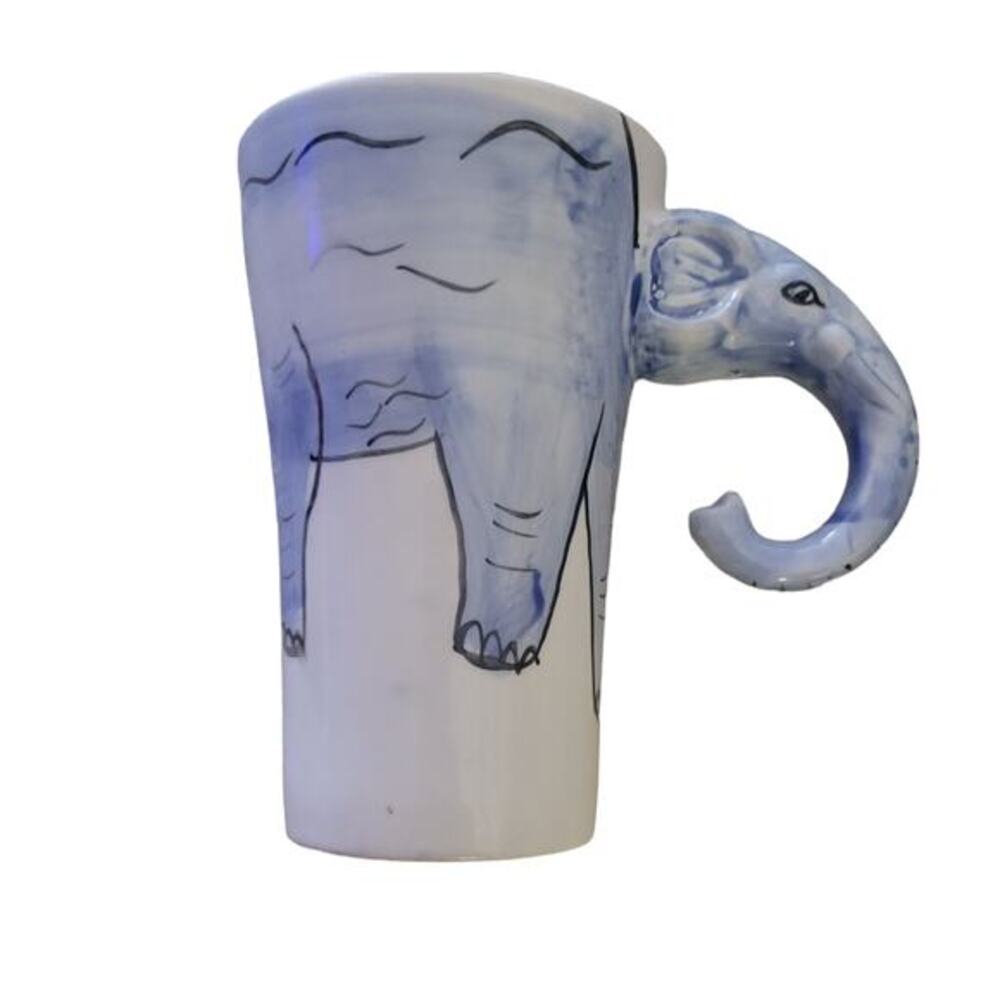 Unique Large‎ White Cup Mug a Blue Elephant Head on the handle by Sherwood 3d